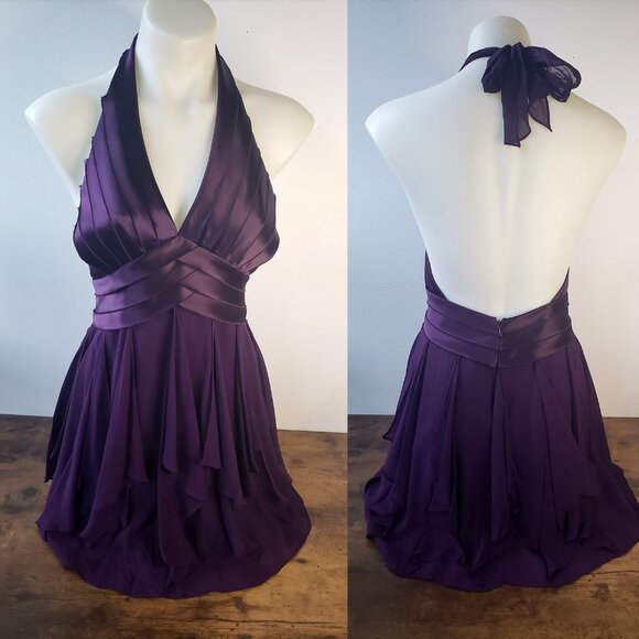 Deep Purple BCBG Fun Formal Mini Halter Dress w Pleats, Sheer Ruffle Fabric - Picture 2 of 15